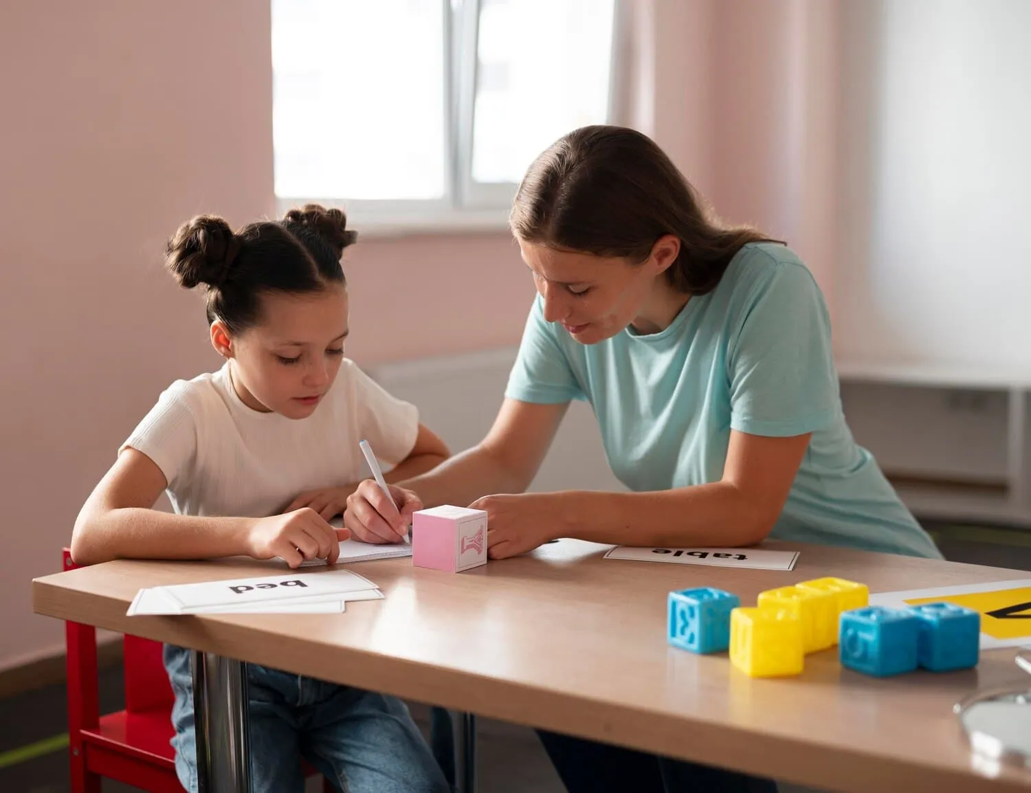 A teacher helping a child with a tabletop learning activity